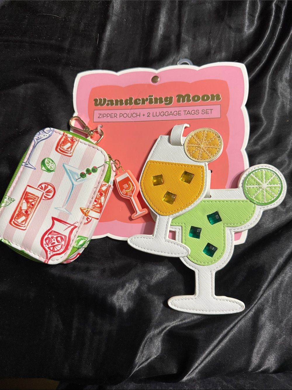 Pink & Multicolor Cocktail Zipper Pouch + Luggage Tag Set